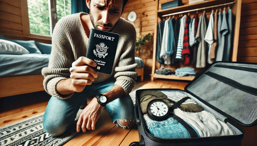 A traveler looking at an expired passport while packing, highlighting travel concerns with invalid documents.