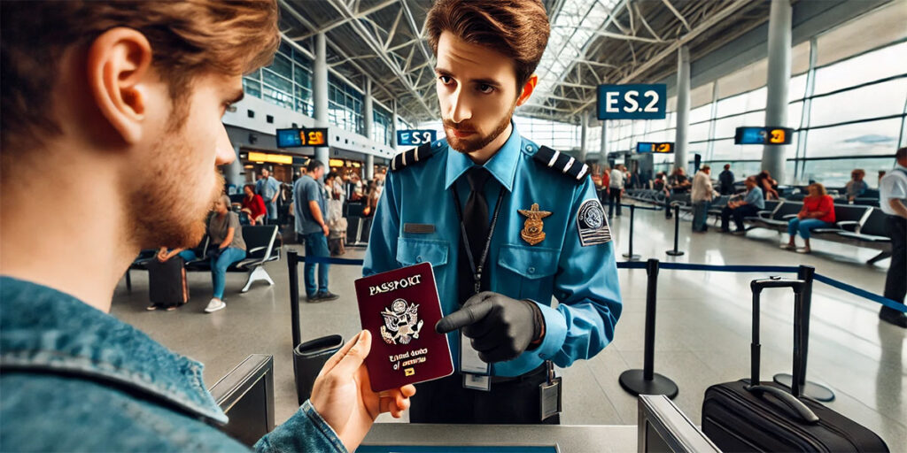 A customs officer reviewing a traveler’s expired passport at a checkpoint.