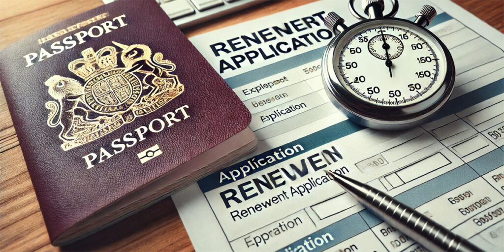 A stopwatch next to a passport and renewal forms, representing passport renewal timelines.