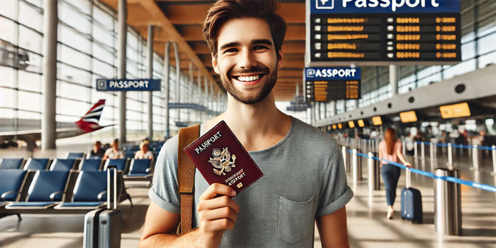 A happy traveler holding a newly renewed passport, ready to embark on their journey.