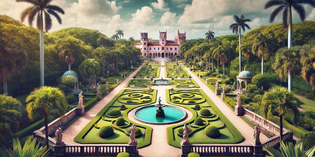 A scenic image of the Vizcaya Gardens, showcasing its lush greenery and historical architecture.